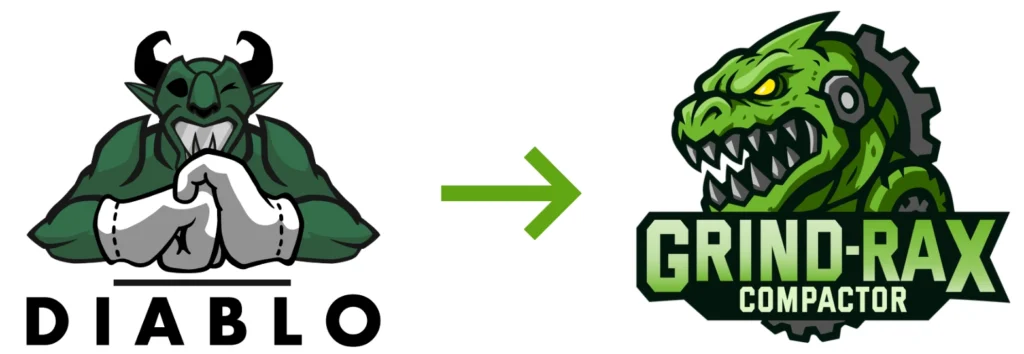 Comparativa del antiguo logotipo de Diablo y la nueva identidad visual de GRIND-RAX Compactor.