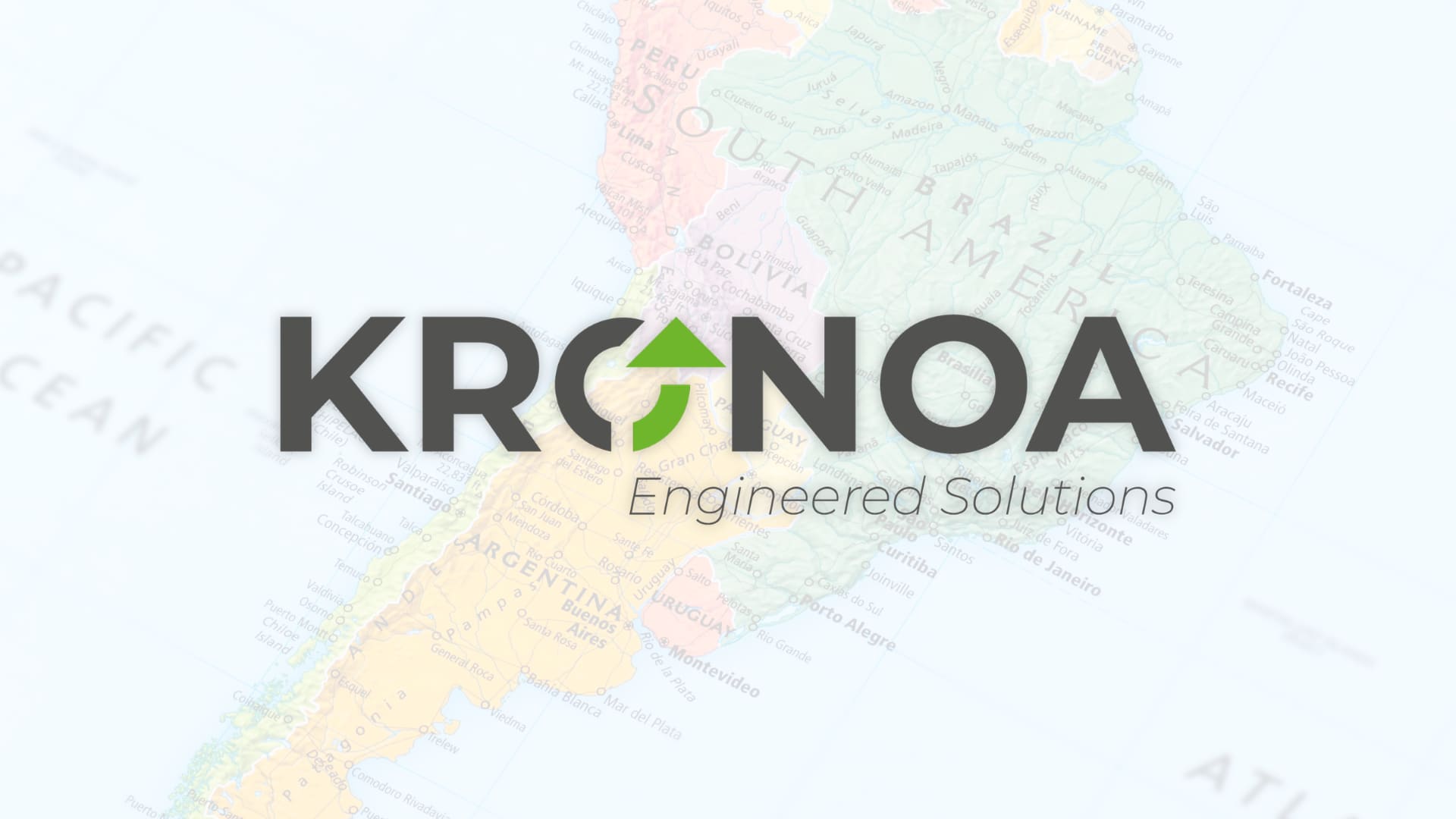 Logotipo de KRONOA Engineered Solutions superpuesto sobre un mapa difuminado de Sudamérica, representando el lanzamiento de Kronoa Latam como hub regional estratégico.