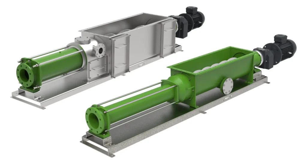 Modelos de bombas helicoidales Biomix y Hopper de la gama Premium de Kronoa, bombas de tornillo helicoidal para el bombeo de fluidos complejos y sustratos industriales.