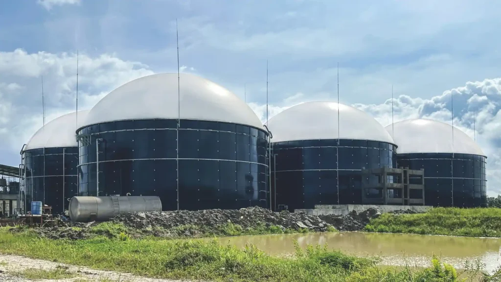 Vista exterior de una planta de biogás con grandes digestores y tanques industriales, rodeada de vegetación.